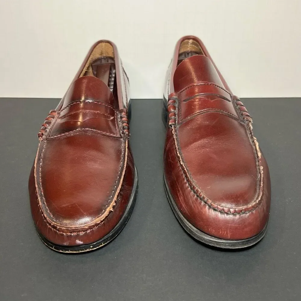 Mens HANDSEWN Cognac Brown Leather Slip On Moccasin Loafers / Size 9.5 Medium